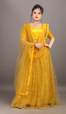 WTWC FAB Girls Lehenga Choli Western Wear Embellished Lehenga, Choli and Dupatta Set(Yellow, Pack of 1)