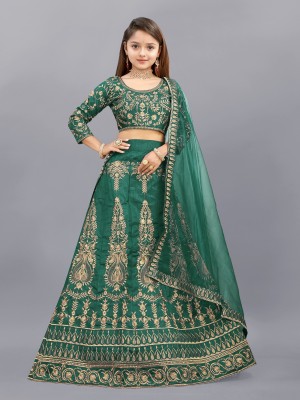 Julee Girls Lehenga Choli Ethnic Wear Embroidered Lehenga, Choli and Dupatta Set(Green, Pack of 1)