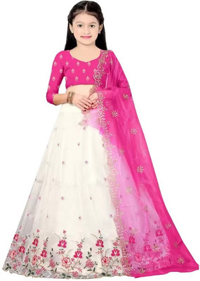 D Plus Creation Girls Lehenga Choli Ethnic Wear Embroidered Lehenga, Choli and Dupatta Set(White, Pack of 1)
