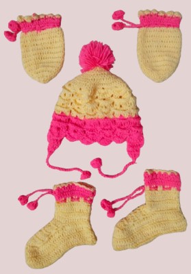 NILU CRAFT Baby Boys & Baby Girls Casual Cap Mitten, Socks(Yellow)