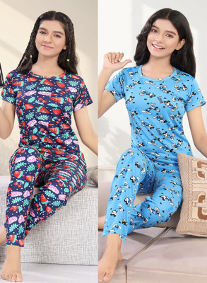 SIDWA Kids Nightwear Girls Satin Blend Top & Pyjama Set(Pack of 1)