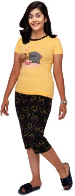 Cute N Tight Kids Nightwear Girls Printed Cotton Blend(Yellow Pack of 1)