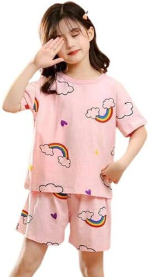 Amreliya Style Kids Nightwear Girls Printed Cotton(Pink Pack of 2)