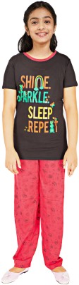 Cute N Tight Kids Nightwear Girls Printed Cotton Blend(Black Pack of 1)