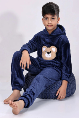 Keenuu Kids Nightwear Boys & Girls Solid, Self Design Fleece Blend(Dark Blue Pack of 1)