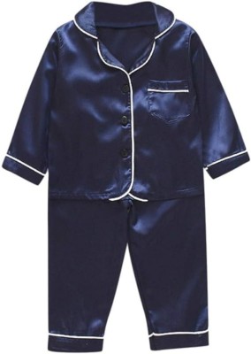 VC FASHION HUB Kids Nightwear Baby Boys & Baby Girls Solid Pure Satin(Dark Blue Pack of 1)