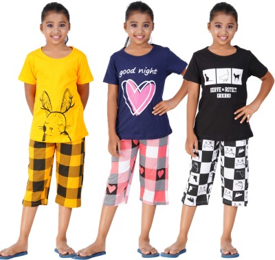 Sevnix Kids Nightwear Girls Printed Cotton(Multicolor Pack of 3)