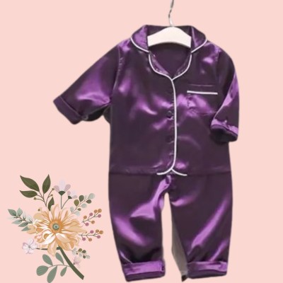 VCD FASHION HUB Kids Nightwear Baby Boys & Baby Girls Self Design Pure Satin(Purple Pack of 1)