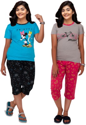 CNT Kids Nightwear Girls Printed Cotton Blend(Multicolor Pack of 2)