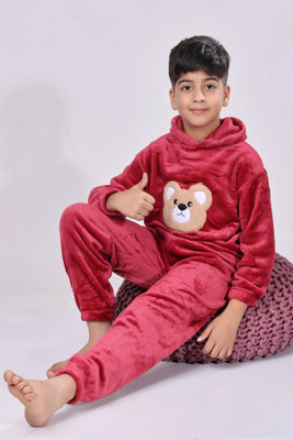 Keenuu Kids Nightwear Boys & Girls Solid, Self Design Fleece Blend(Maroon Pack of 1)