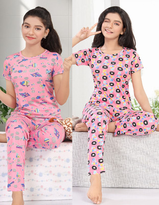 VIKSHI Kids Nightwear Girls Satin Blend Top & Pyjama Set(Pack of 2)