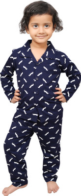 THE LITTLE BOY Kids Nightwear Boys & Girls Printed Cotton Blend(Blue Pack of 1)