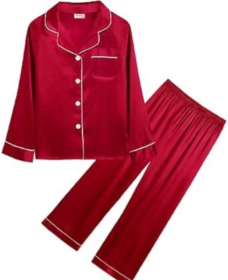 VDC FASHION HUB Kids Nightwear Baby Girls Solid Pure Satin(Maroon Pack of 1)