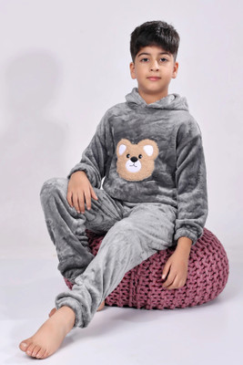 Keenuu Kids Nightwear Boys & Girls Solid Fleece Blend(Grey Pack of 1)
