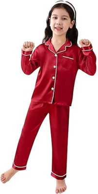 VCD FASHION HUB Kids Nightwear Baby Boys & Baby Girls Solid Pure Satin(Maroon Pack of 1)