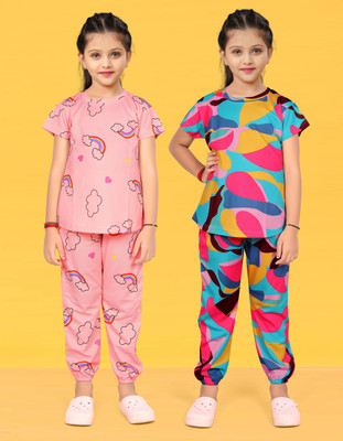 JNVADDORIYA Kids Nightwear Girls Printed Cotton(Multicolor Pack of 2)