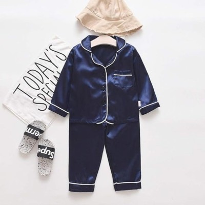 VC FASHION HUB Kids Nightwear Baby Boys & Baby Girls Self Design Pure Satin(Dark Blue Pack of 1)