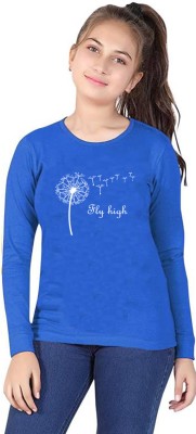 KIDDY STAR Girls Graphic Print Cotton Blend Regular T Shirt(Blue, Pack of 1)