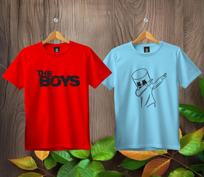 SL5 TEX Boys & Girls Printed Pure Cotton Regular T Shirt(Red, Blue, Pack of 2)