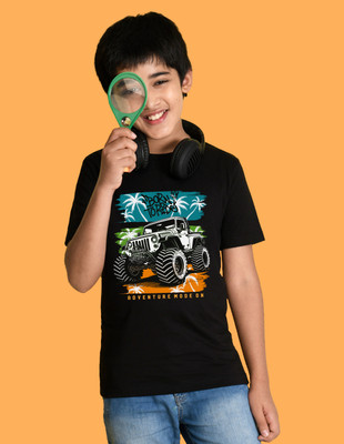 Nusyl Boys Graphic Print Cotton Blend Regular T Shirt(Black, Pack of 1)