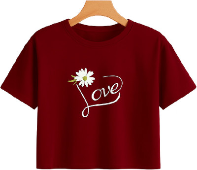 Mukoo Girls Typography, Printed Cotton Blend Regular T Shirt(Maroon, Pack of 1)