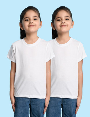 Nusyl Girls Solid Cotton Blend Regular T Shirt(White, Pack of 2)