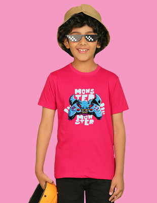Nusyl Boys Graphic Print Cotton Blend Regular T Shirt(Pink, Pack of 1)