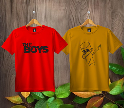 SL5 TEX Boys & Girls Printed Pure Cotton Regular T Shirt(Multicolor, Pack of 2)