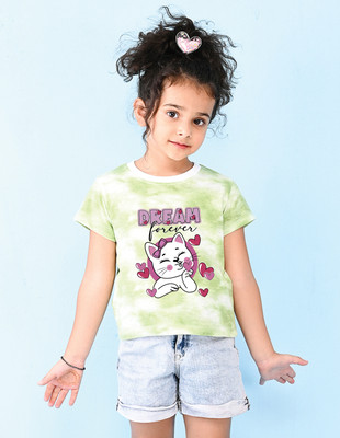 Nusyl Girls Printed Cotton Blend Regular T Shirt(Green, Pack of 1)