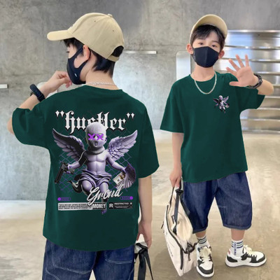 Wrodss Boys & Girls Printed Cotton Blend Regular T Shirt(Green, Pack of 1)