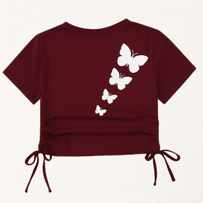 Prinsoo Girls Solid Cotton Blend Regular T Shirt(Maroon, Pack of 1)