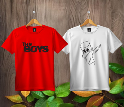 SL5 TEX Boys & Girls Printed Pure Cotton Regular T Shirt(Multicolor, Pack of 2)