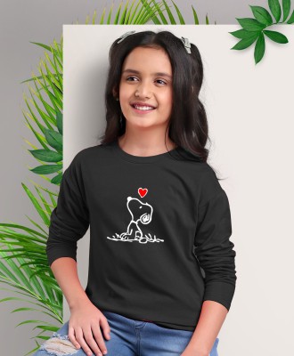 KIDDY STAR Girls Graphic Print Cotton Blend T Shirt(Black, Pack of 1)