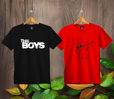 SL5 TEX Boys & Girls Printed Pure Cotton Regular T Shirt(Multicolor, Pack of 2)