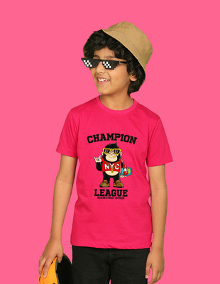 Nusyl Boys Graphic Print Cotton Blend Regular T Shirt(Pink, Pack of 1)