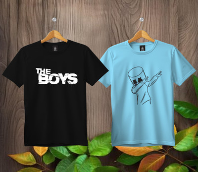 SL5 TEX Boys & Girls Printed Pure Cotton Regular T Shirt(Multicolor, Pack of 2)