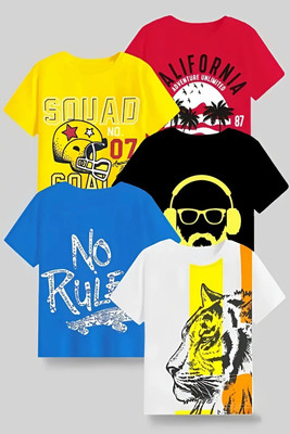 Swarnavaran Boys & Girls Printed Cotton Blend Regular T Shirt(Multicolor, Pack of 5)