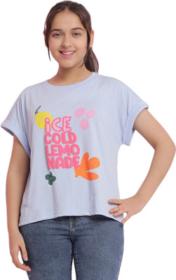 li'l tomatoes Girls Typography Cotton Blend Regular T Shirt(Blue, Pack of 1)