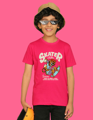 Nusyl Boys Graphic Print Cotton Blend Regular T Shirt(Pink, Pack of 1)