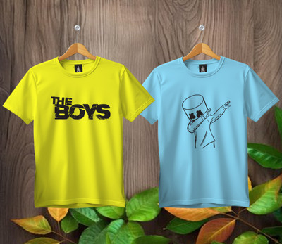 SL5 TEX Boys & Girls Printed Pure Cotton Regular T Shirt(Multicolor, Pack of 2)