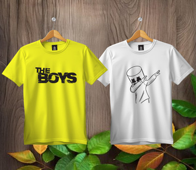 SL5 TEX Boys & Girls Printed Pure Cotton Regular T Shirt(Multicolor, Pack of 2)