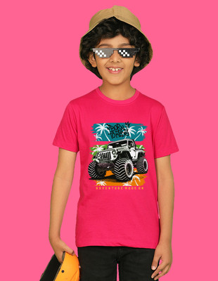 Nusyl Boys Graphic Print Cotton Blend Regular T Shirt(Pink, Pack of 1)