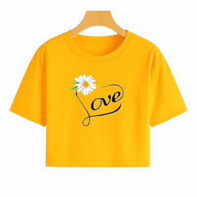 Prinsoo Girls Printed Cotton Blend Regular T Shirt(Yellow, Pack of 1)