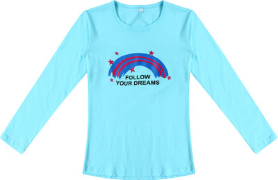 MYO Girls Typography, Printed Pure Cotton Regular T Shirt(Light Blue, Pack of 1)