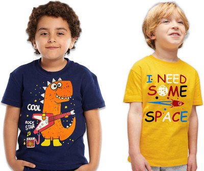megastar Boys Printed Pure Cotton Regular T Shirt(Multicolor, Pack of 2)