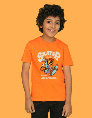 Nusyl Boys Graphic Print Cotton Blend Regular T Shirt(Orange, Pack of 1)