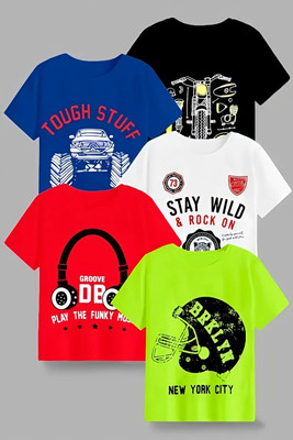 Swarnavaran Boys & Girls Printed Cotton Blend Regular T Shirt(Multicolor, Pack of 5)