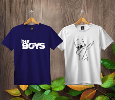 SL5 TEX Boys & Girls Printed Pure Cotton Regular T Shirt(Multicolor, Pack of 2)