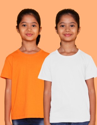 Nusyl Girls Solid Cotton Blend Regular T Shirt(Multicolor, Pack of 2)