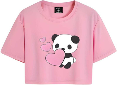 Mukoo Girls Printed Cotton Blend Regular T Shirt(Pink, Pack of 1)